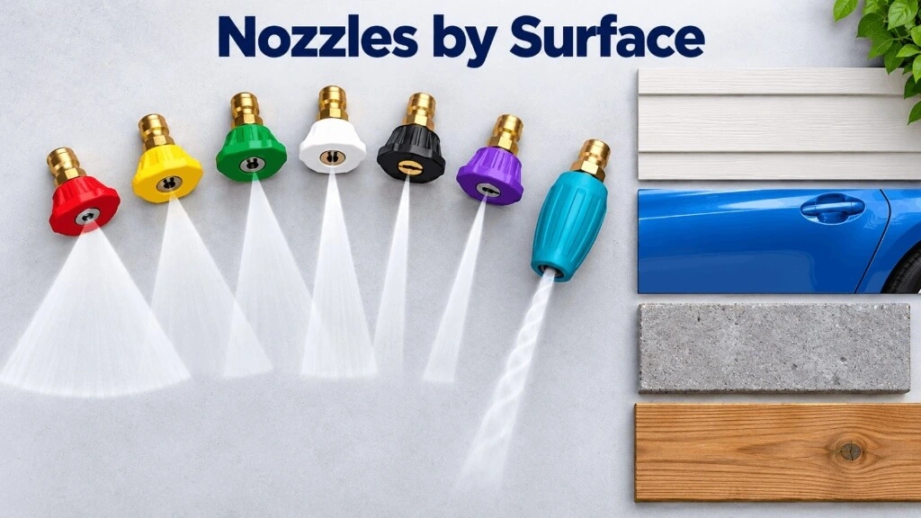 Color-coded pressure washer spray nozzles showing different fan angles alongside siding, car paint, concrete, and wood surfaces.
