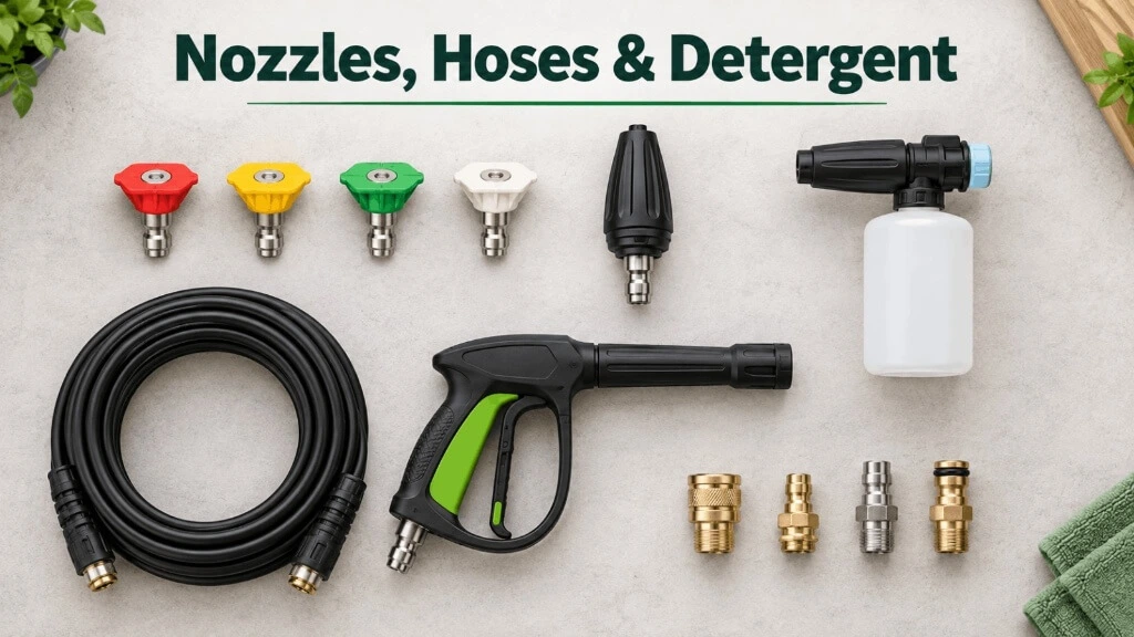 A neat flat-lay arrangement of pressure washer accessories: four colored nozzle tips, a turbo nozzle, a foam cannon soap bottle, a coiled hose, a trigger gun, and various brass fittings.