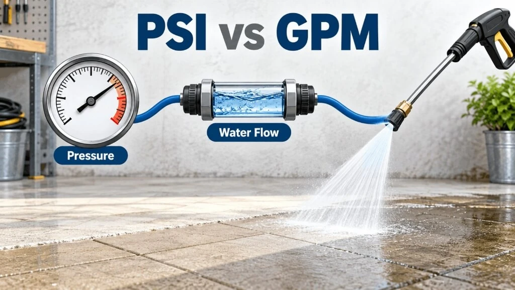 A conceptual diagram illustrating pressure washer specs: an analog gauge showing high Pressure (PSI) on the left, and a transparent pipe showing turbulent Water Flow (GPM) on the right.