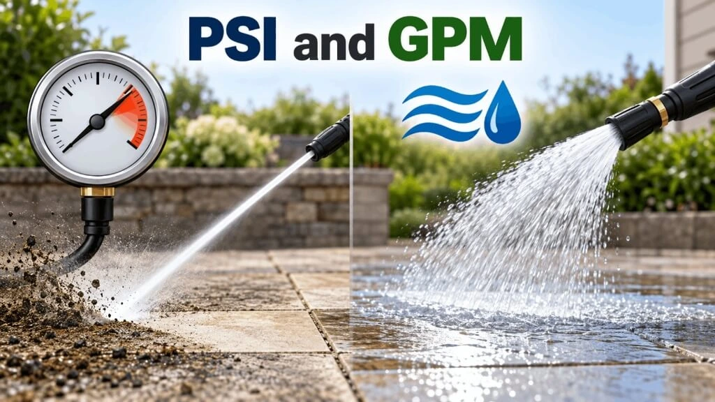 Diagram and gauge comparing pressure washer PSI stream force and GPM water flow volume.