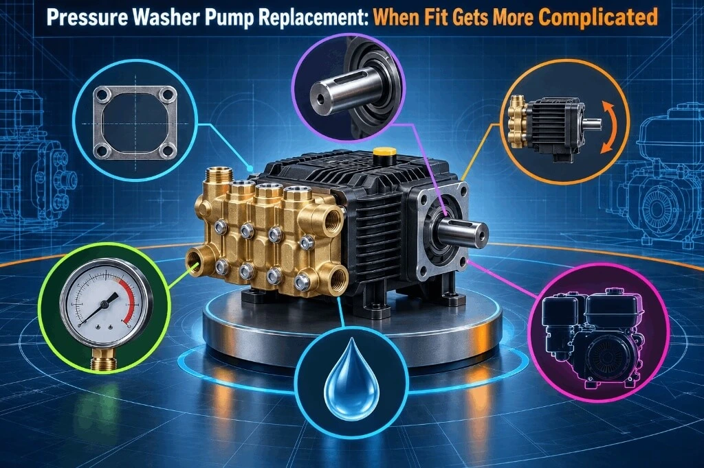 Technical breakdown of pressure washer pump replacement requirements including shaft dimensions and mounting patterns