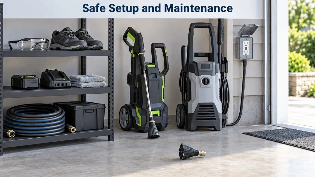 Electric and cordless pressure washer setup stored neatly with safety gear in a garage