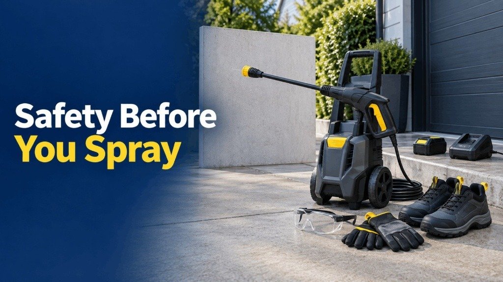 Safety gear including protective glasses, gloves, and work shoes next to a pressure washer outdoors.