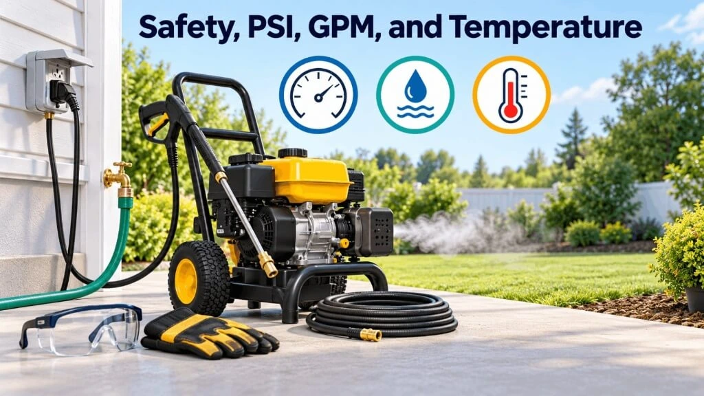Pressure washer equipment with safety glasses, gloves, hose, and icons for PSI, GPM, and temperature ratings.
