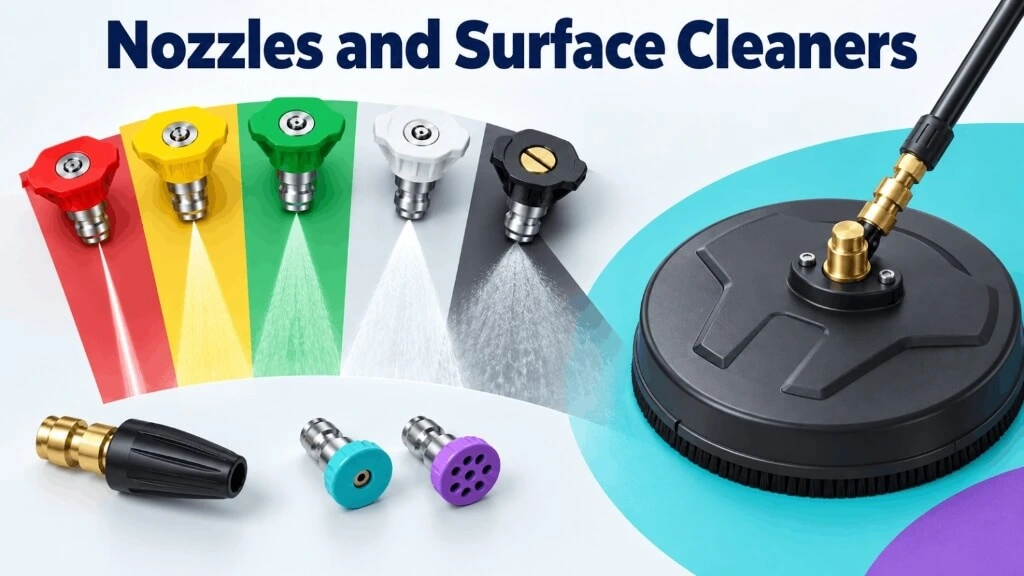 Color-coded pressure washer nozzle spray patterns alongside a heavy duty surface cleaner attachment.