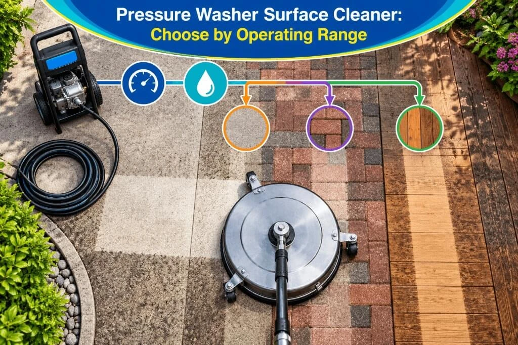 Choosing a pressure washer surface cleaner based on operating range and surface type