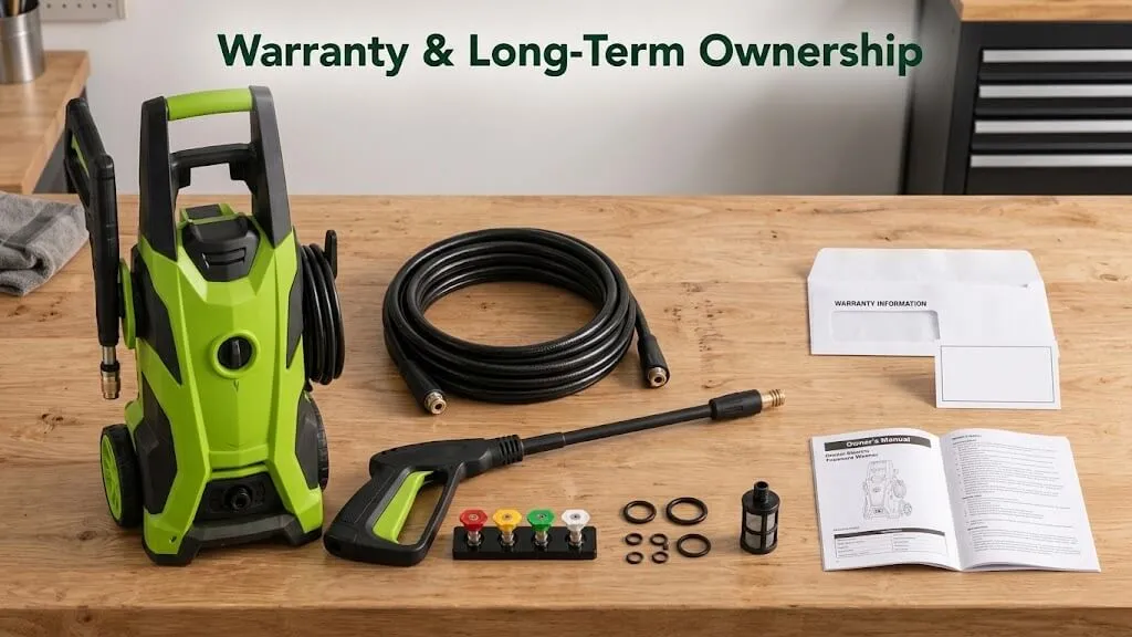 A flat-lay arrangement of a Greenworks Pro GPW3001 pressure washer unit, its trigger gun, nozzles, replacement O-rings, a small filter, and an open owner's manual next to a blank warranty card on a wood workshop bench.