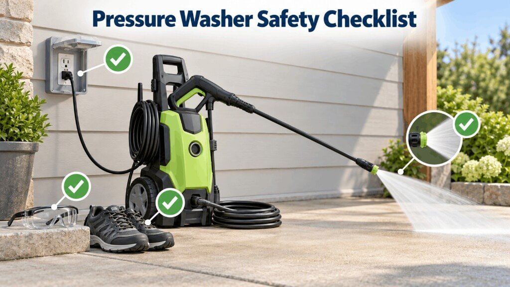 A flat-lay arrangement of a Greenworks Pro GPW3001 pressure washer unit, its trigger gun, nozzles, replacement O-rings, a small filter, and an open owner's manual next to a blank warranty card on a wood workshop bench.
