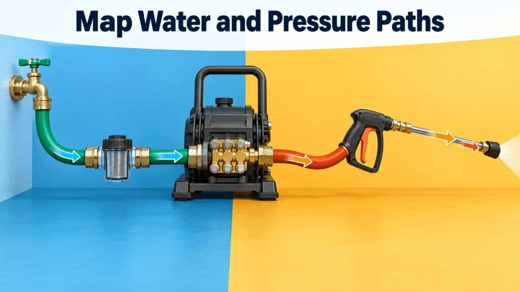 Diagram showing water flow path from tap supply hose to pressure washer pump, high-pressure hose, spray gun, and nozzle.