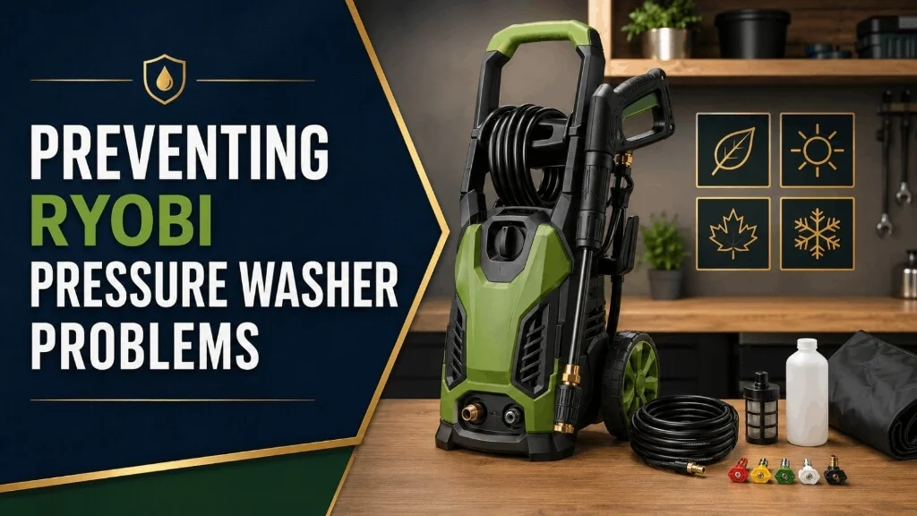 Ryobi pressure washer with nozzle tips, high-pressure hose, and storage accessories on a workbench.