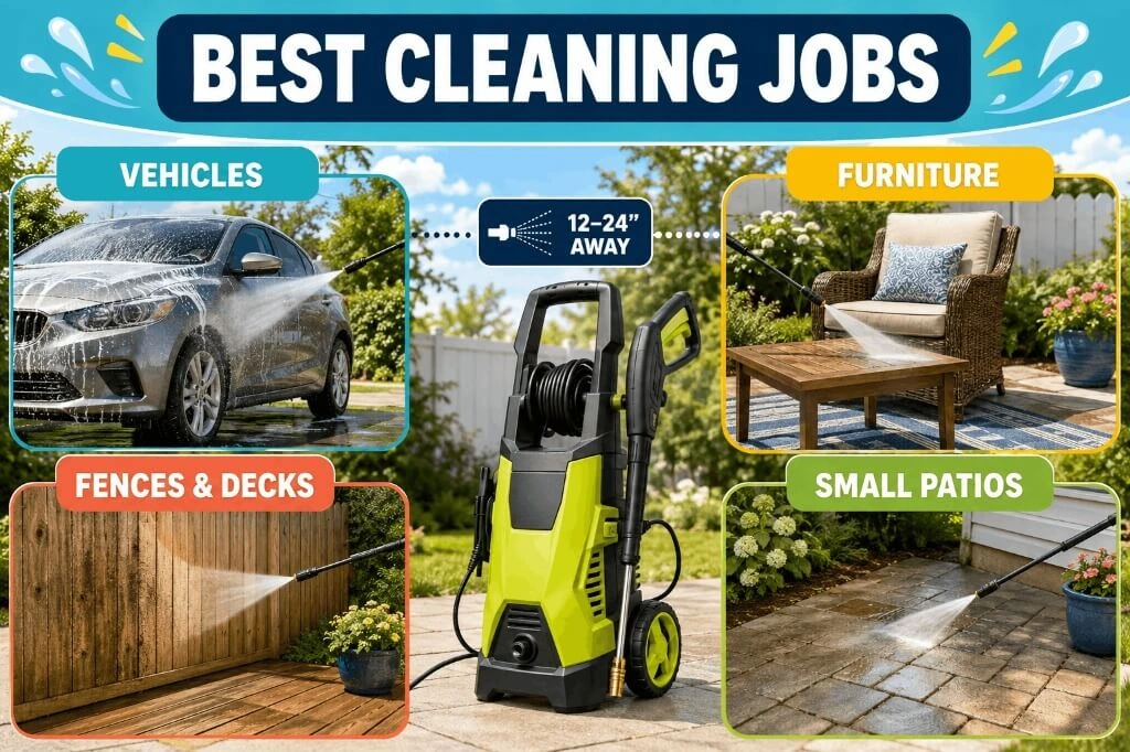 Best cleaning applications for Ryobi 1900 PSI pressure washer including vehicles, patio furniture, fences, decks, and small patios.