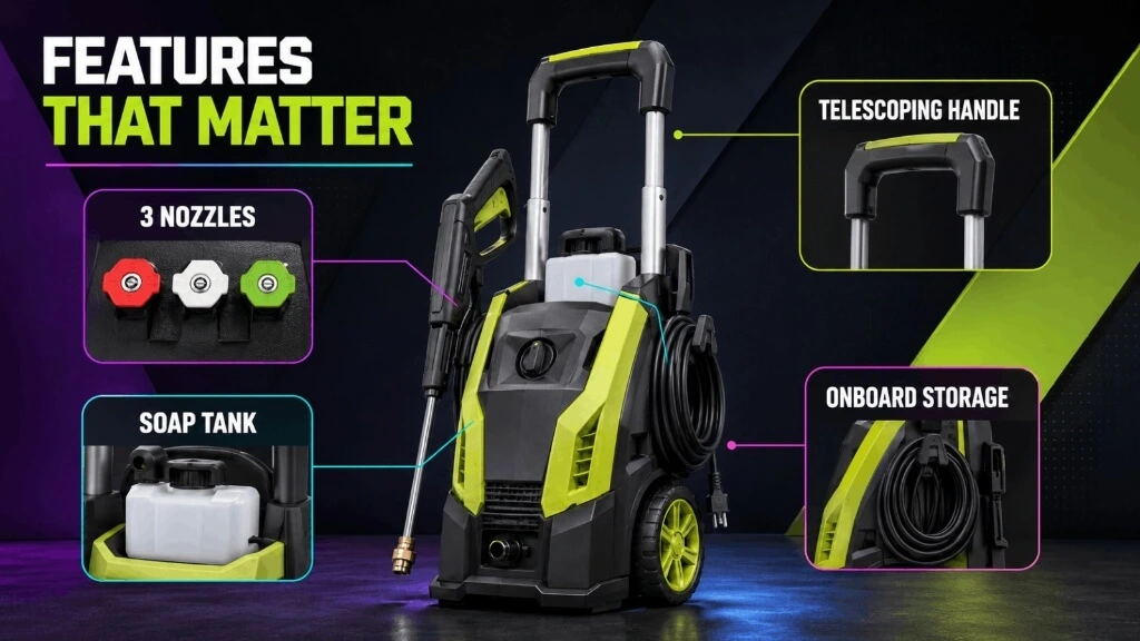 Diagram highlighting Ryobi 1900 PSI features including 3 quick-connect nozzles, integrated soap tank, telescoping handle, and onboard hose storage.