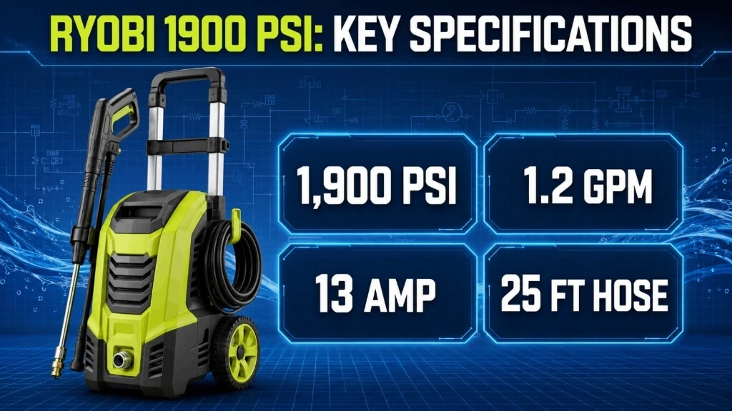 Key technical specifications of Ryobi 1900 PSI electric pressure washer highlighting 1.2 GPM flow rate, 13-amp motor, and 25-foot hose.