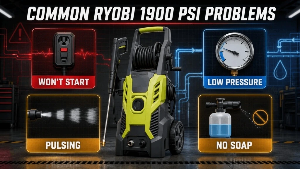 Troubleshooting graphic for Ryobi 1900 PSI pressure washer covering issues like unit not starting, low pressure, pulsing spray, and soap draw failure.