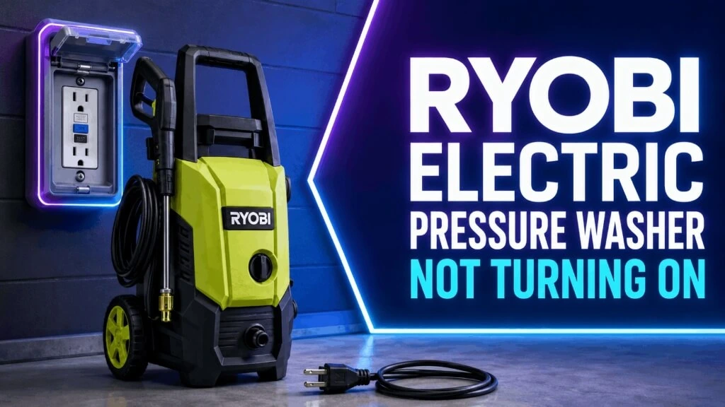 Ryobi electric pressure washer placed next to an outdoor GFCI power outlet and power plug.