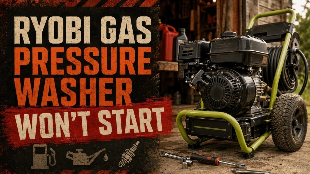 Ryobi gas-powered pressure washer with tools, oil, fuel can, and spark plug icon.