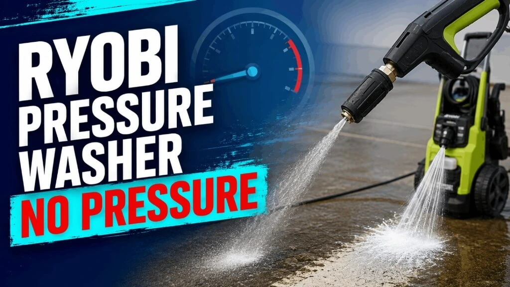 Spray gun nozzle releasing water spray with a pressure meter graphic in the background.