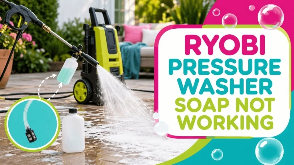 Ryobi pressure washer spraying soap foam with a close-up of the detergent bottle and suction tube.