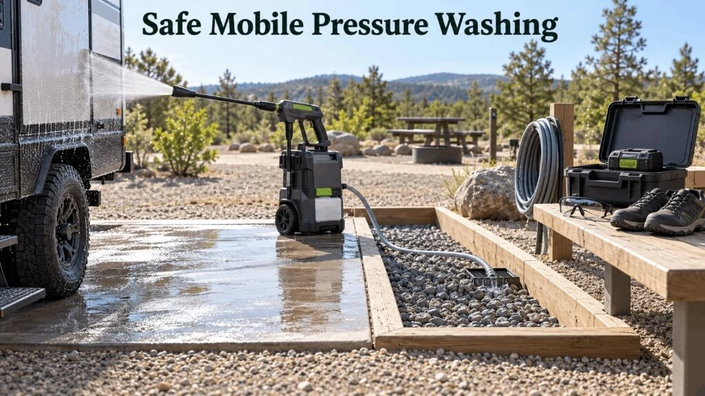 Safety eye protection goggles, work boots, and proper hose setup for safe mobile pressure washing.