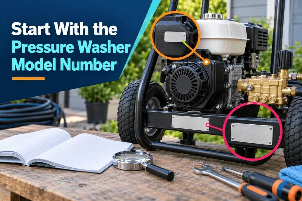 Identifying the pressure washer model number and engine labels on a Briggs and Stratton machine