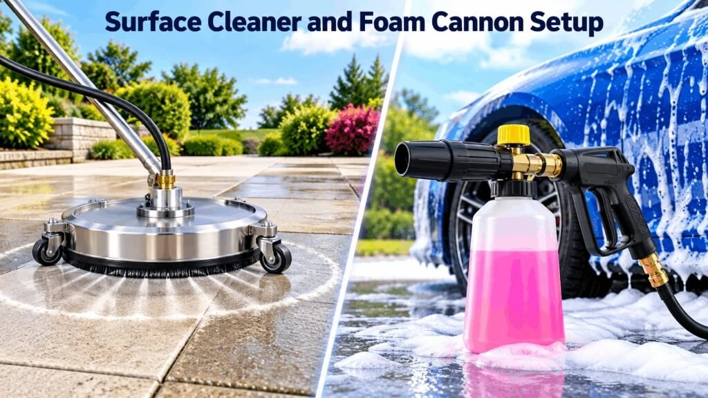 Split view of a pressure washer stainless steel surface cleaner on patio pavers and a foam cannon spraying car wash foam.
