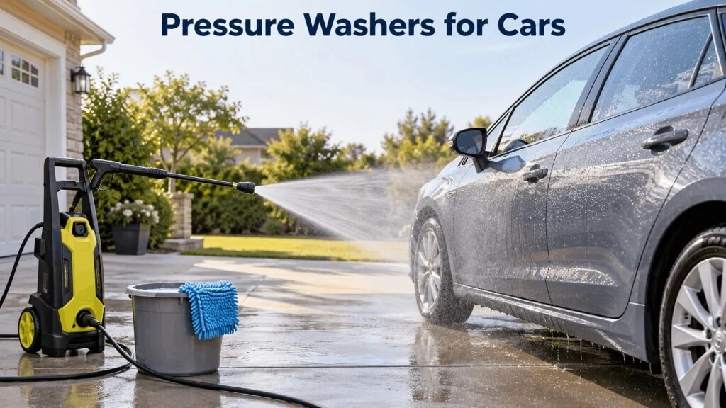 A silver sedan is being rinsed with a fine water mist on a driveway, next to a lime green Greenworks Pro GPW3001 pressure washer and a gray wash bucket.