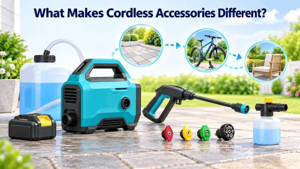 Portable cordless pressure washer setup with suction hose, water tank, spray gun, and foam bottle
