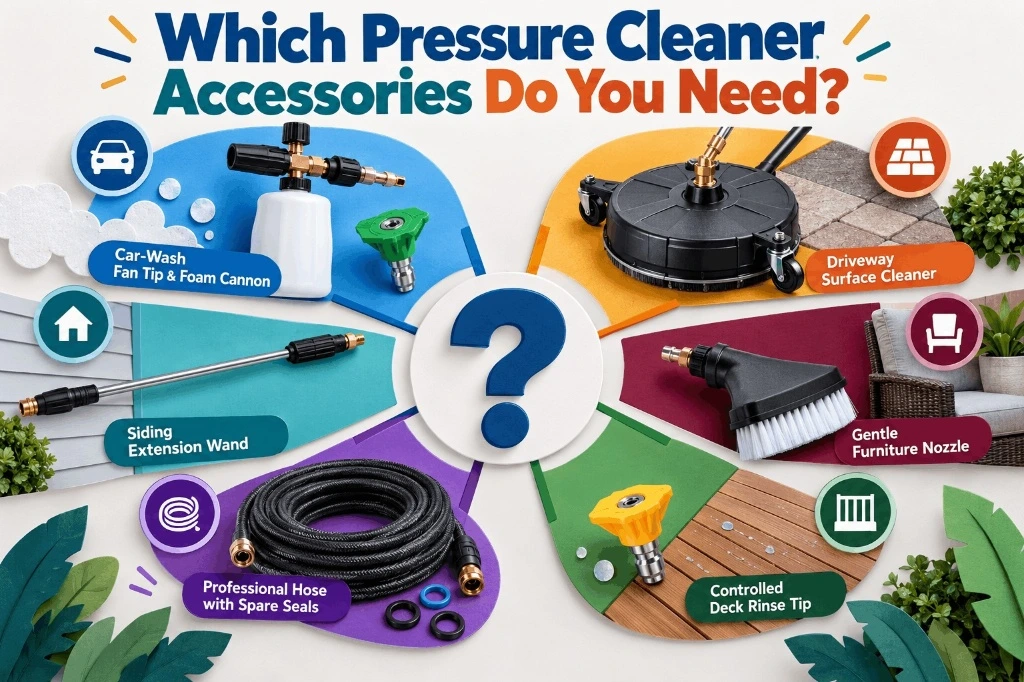 Infographic showing pressure cleaner accessories matched to cleaning tasks like car washing, driveway, and patio cleaning.
