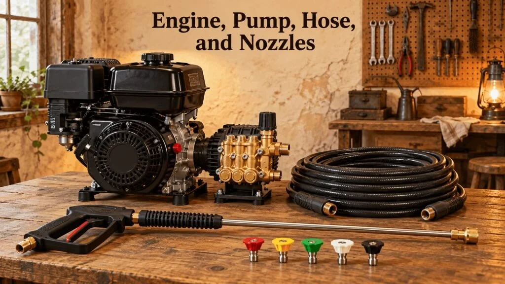 Gas pressure washer engine, axial cam pump, hose, spray gun, and quick connect nozzles