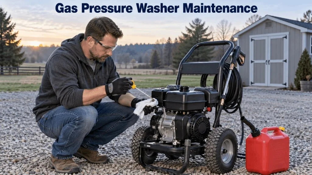 Man checking engine oil level on a gas pressure washer during routine maintenance