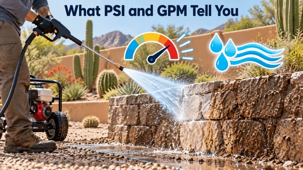 Person pressure washing stone wall with PSI and GPM water flow icons