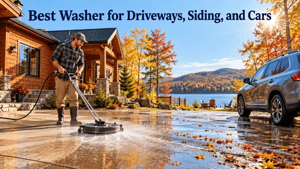 Man cleaning concrete driveway using surface cleaner attachment and gas pressure washer