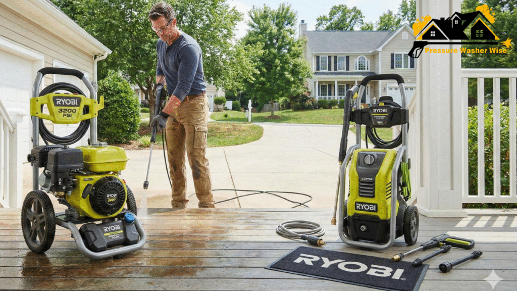 Ryobi pressure washer lineup — 40V cordless and electric models (1200–3000 PSI) cleaning a car and wooden deck, best Ryobi pressure washers 2025