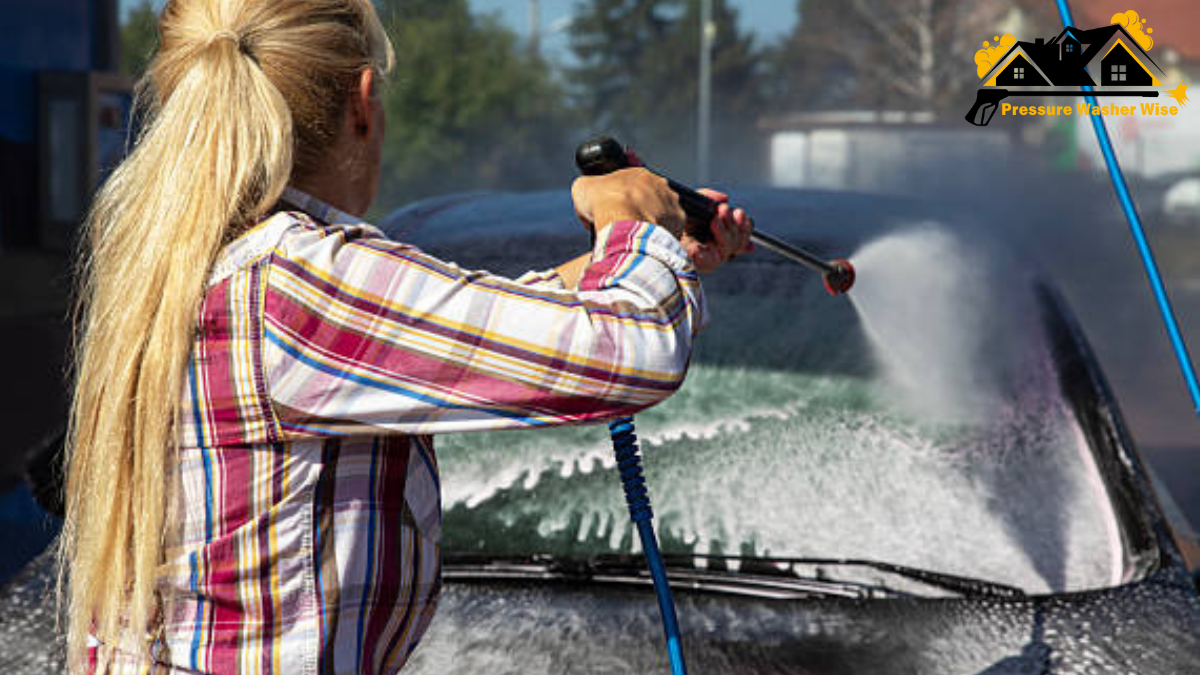 Pressure washer with foam cannon gently rinsing a car hood — best pressure washer for car detailing (2025), safe PSI and foam-cannon ready