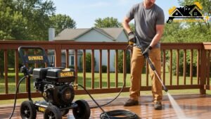 DEWALT pressure washer — cordless 20V/60V unit, 2100 PSI electric, and 3000 PSI gas model cleaning a driveway and car