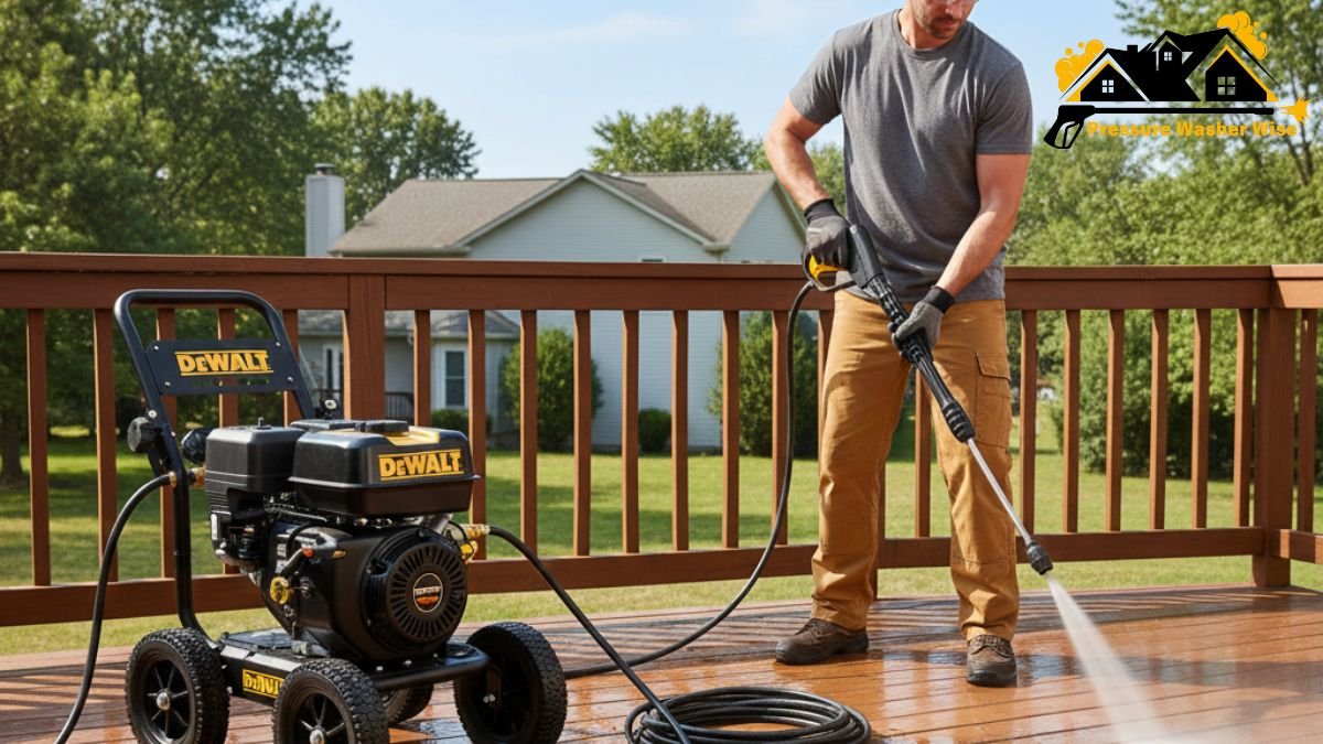 DEWALT pressure washer — cordless 20V/60V unit, 2100 PSI electric, and 3000 PSI gas model cleaning a driveway and car