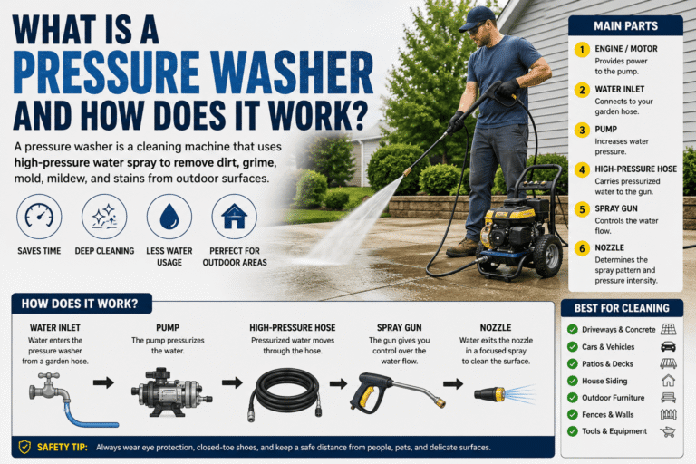 A homeowner using a pressure washer to clean an outdoor concrete surface with water spray and cleaning equipment visible.