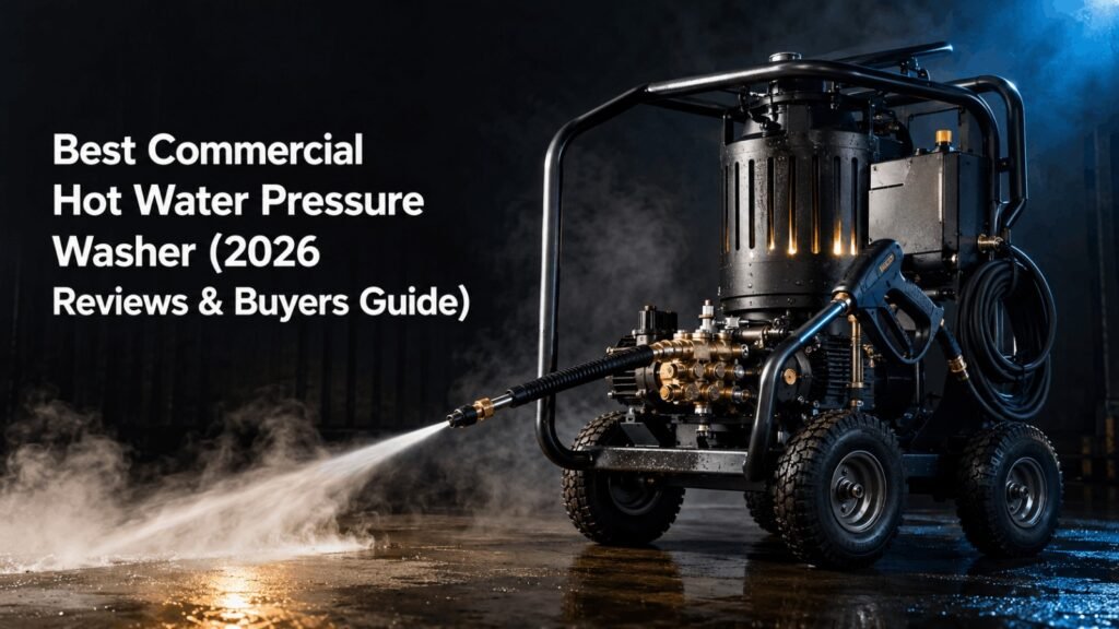 Best commercial hot water pressure washer unit spraying high temperature steam on factory floor