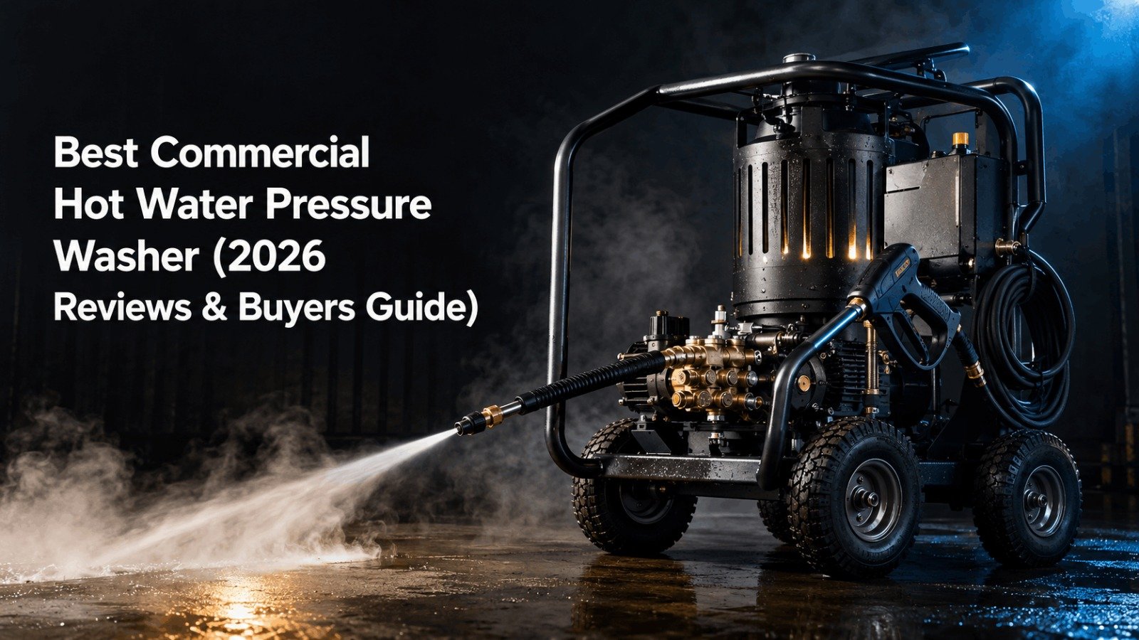 Best commercial hot water pressure washer unit spraying high temperature steam on factory floor