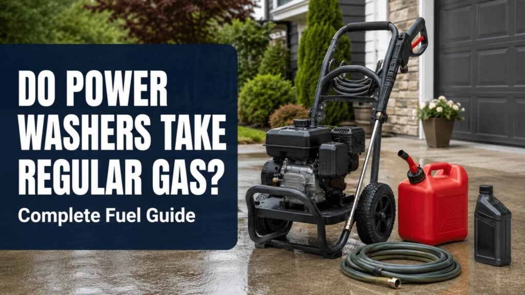 Educational guide graphic asking do power washers take regular gas next to a gas pressure washer, fuel can, and engine oil bottle.