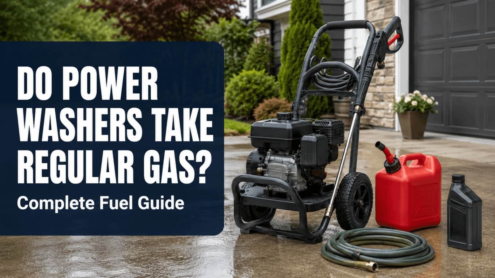 Educational guide graphic asking do power washers take regular gas next to a gas pressure washer, fuel can, and engine oil bottle.