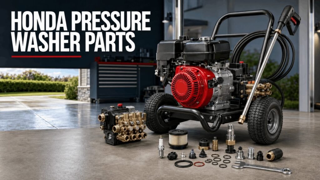 Honda pressure washer parts with replacement engine filters, nozzles, and triplex pump components