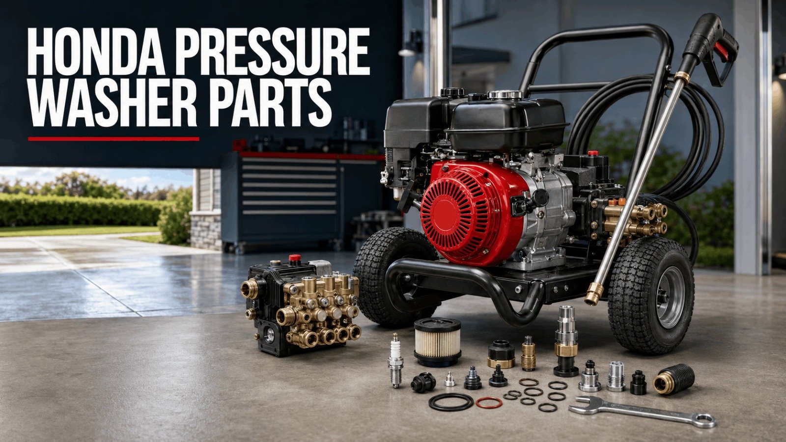 Honda pressure washer parts with replacement engine filters, nozzles, and triplex pump components