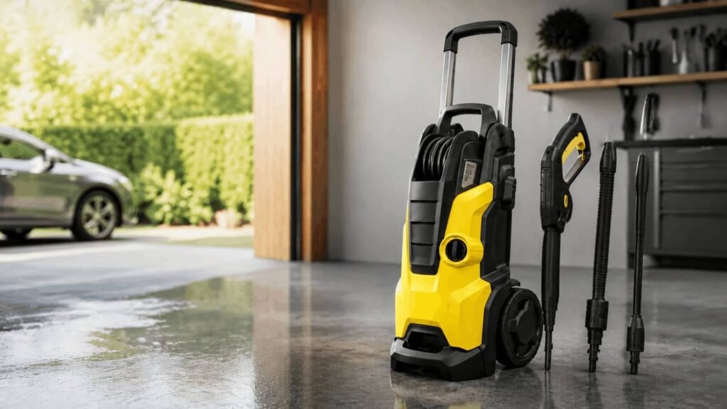 Karcher K5 Premium 2000 PSI electric pressure washer with integrated hose reel in garage