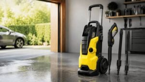 Karcher K5 Premium 2000 PSI electric pressure washer with integrated hose reel in garage