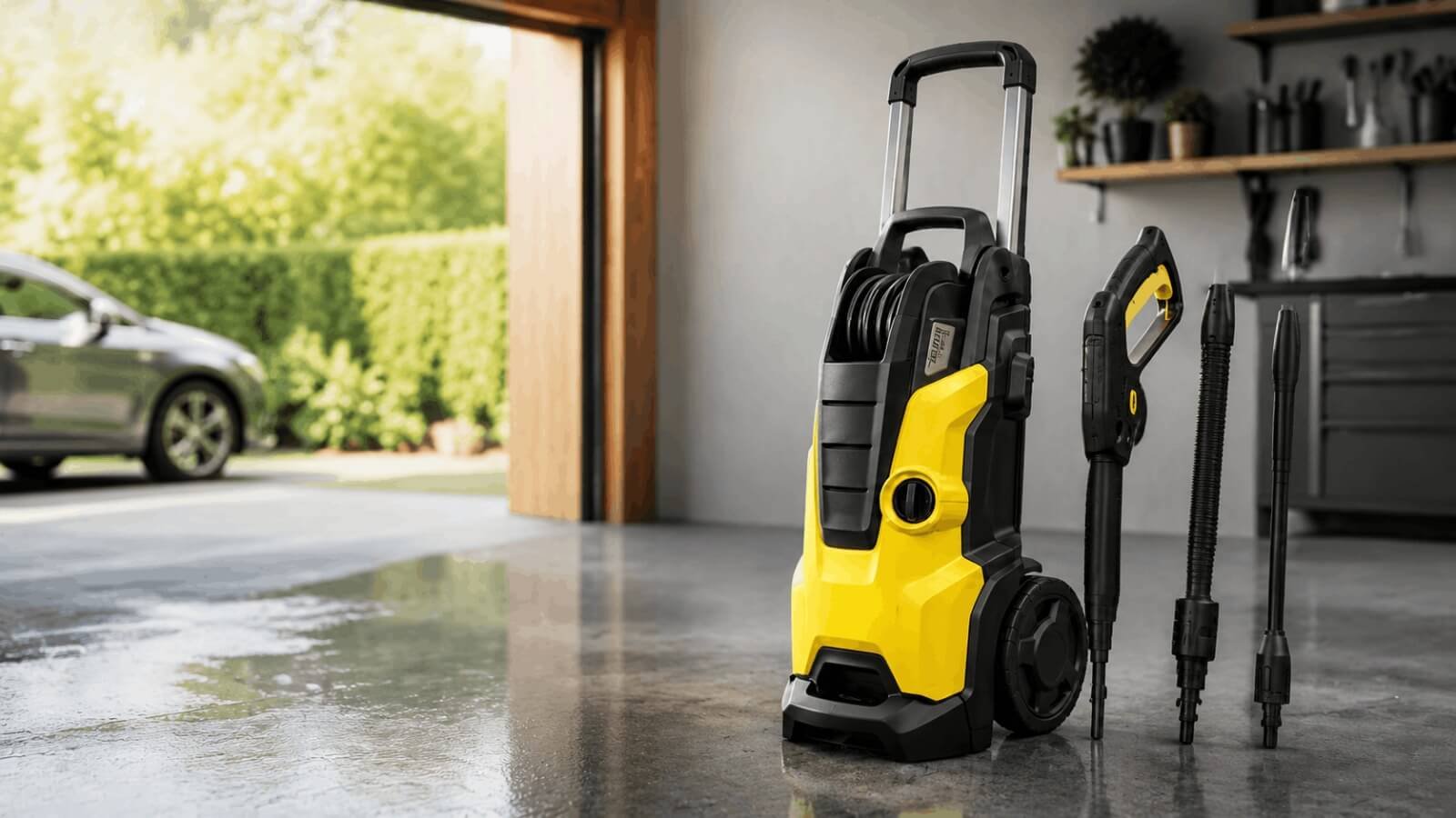 Karcher K5 Premium 2000 PSI electric pressure washer with integrated hose reel in garage