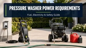 Pressure washer power requirements guide featuring electric and gas pressure washers side by side outdoors