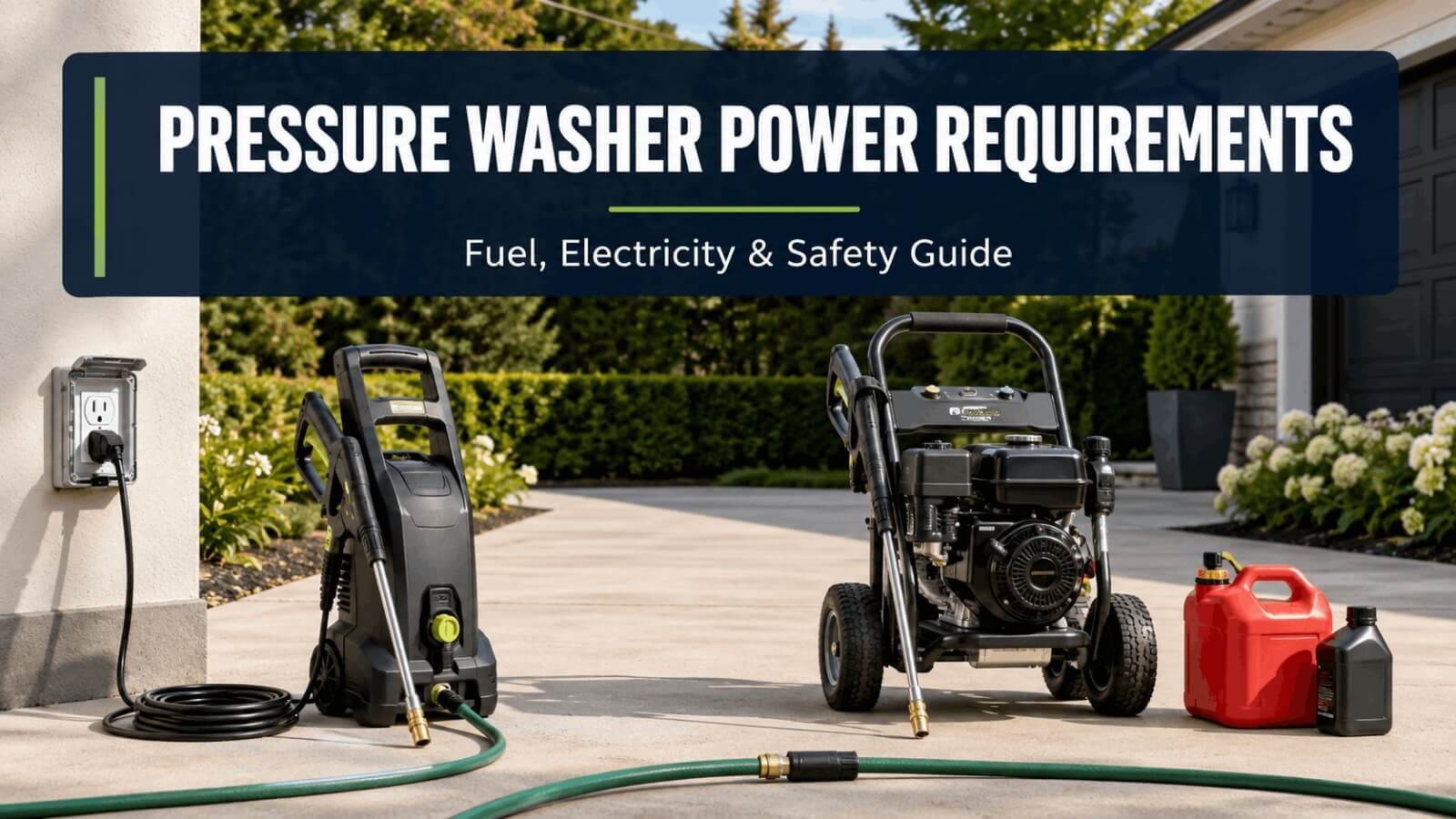 Pressure washer power requirements guide featuring electric and gas pressure washers side by side outdoors