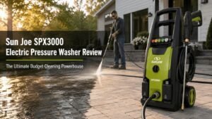 Sun Joe SPX3000 electric pressure washer cleaning a paved patio outdoor area.