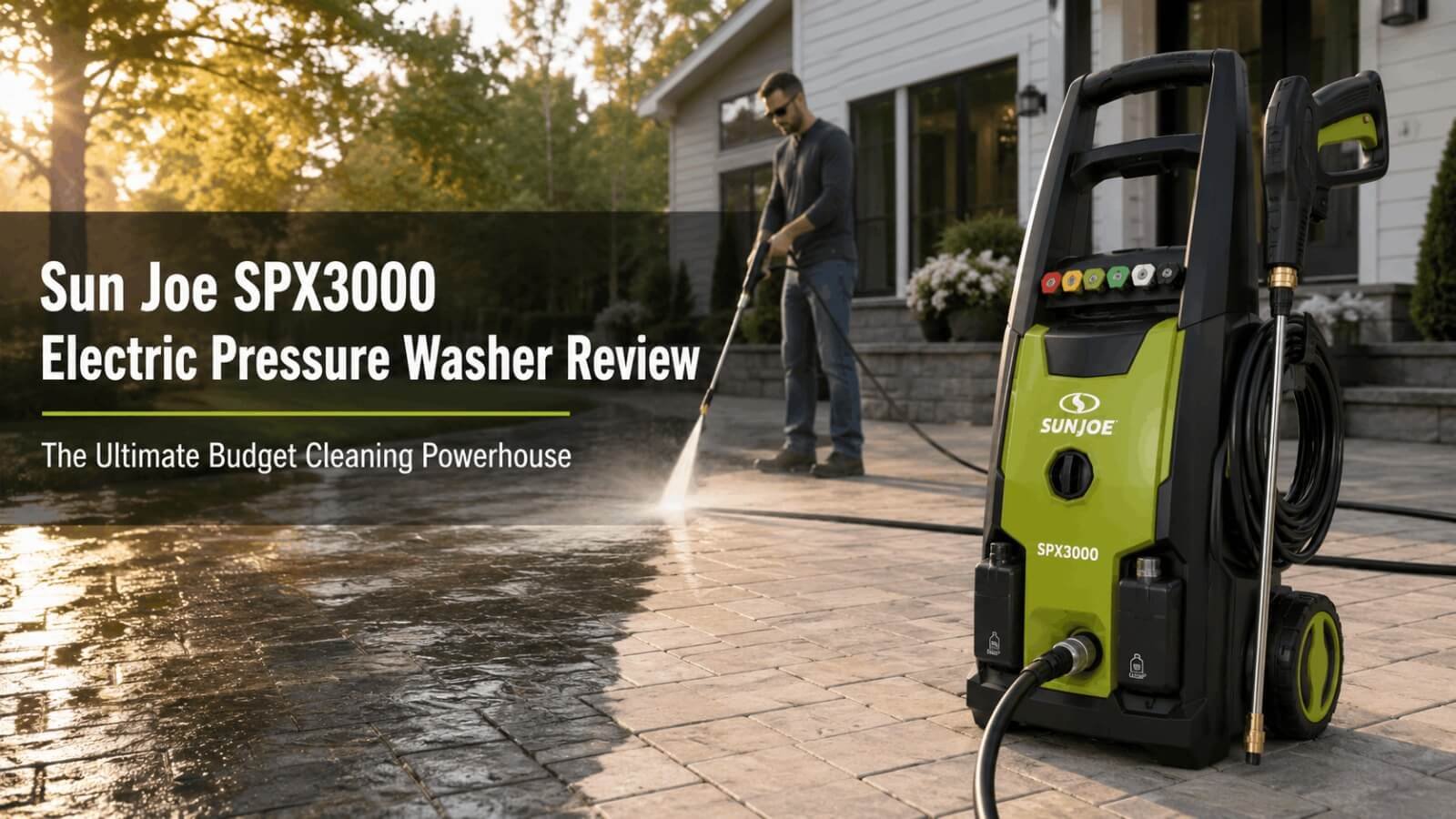 Sun Joe SPX3000 electric pressure washer cleaning a paved patio outdoor area.